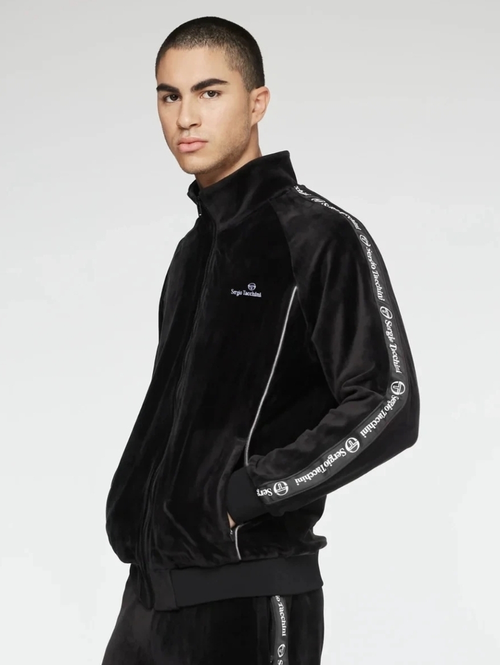 Sergio Tacchini Velour Track Jacket M Black Logo Tape Full Zip Size Medium